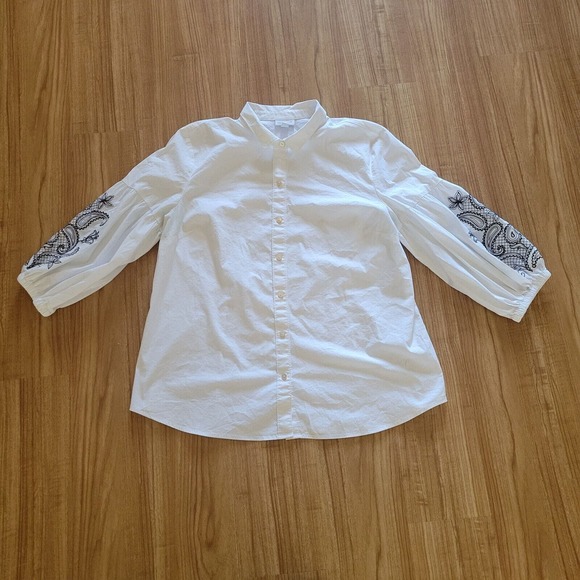 J Jill Top Shirt Womens Large White Black Embroidery Balloon Sleeve Career Basic - Picture 2 of 11